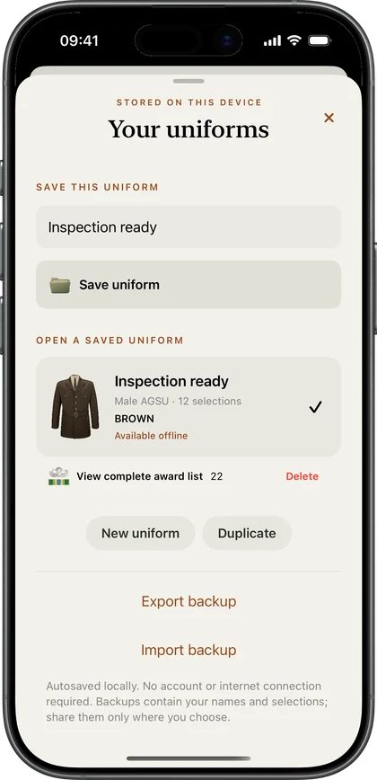 Locally saved uniform profile with backup and restore controls