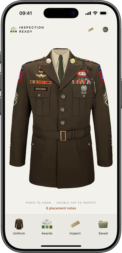 Inspection Ready showing a personalized male Army Green Service Uniform